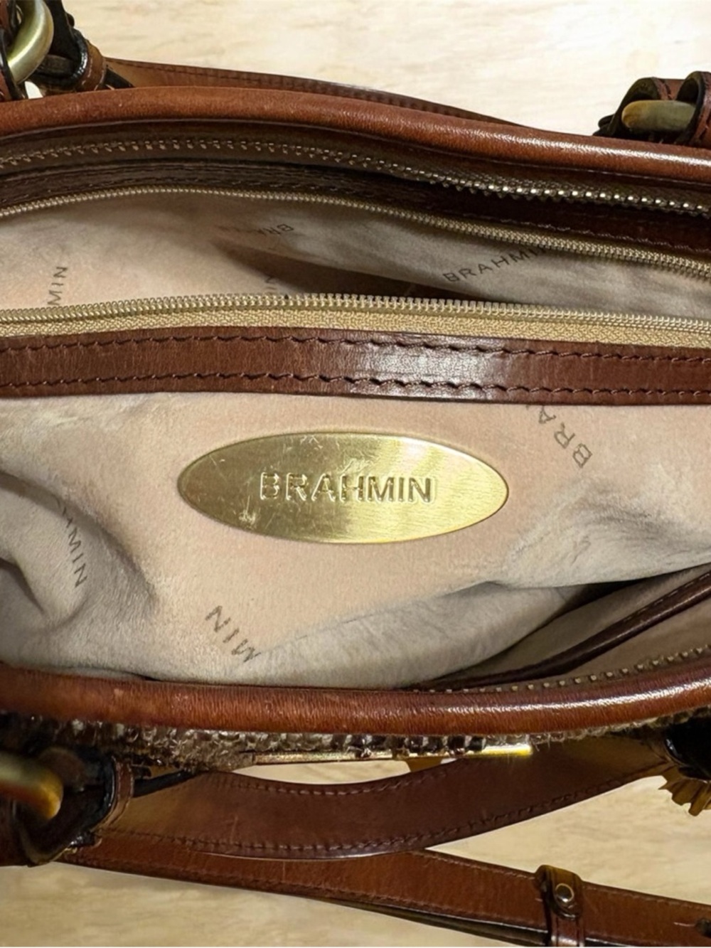 Brahmin Brown & Cream Woven Leather Shoulder Bag with Tassel - Picture 2 of 3